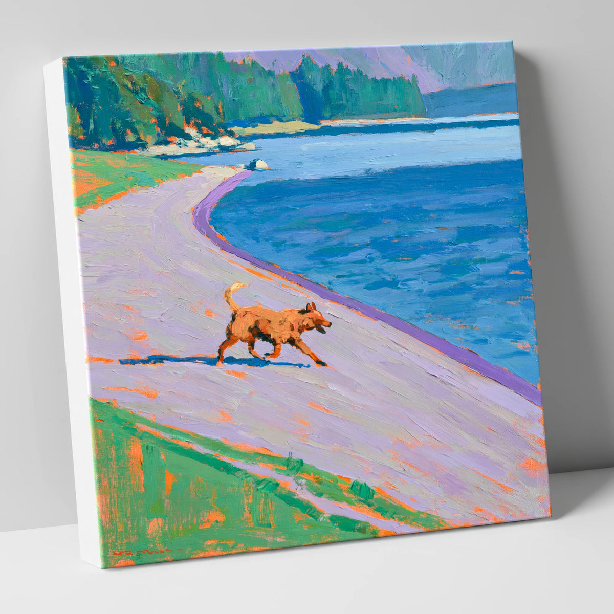 Golden Dog on a Vibrant Lakeshore gifts for dog walkers canvas wall art