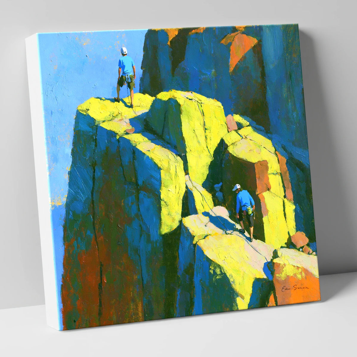 Mountaineers on a Sunlit Crag Pinnacle lake district walking canvas wall art