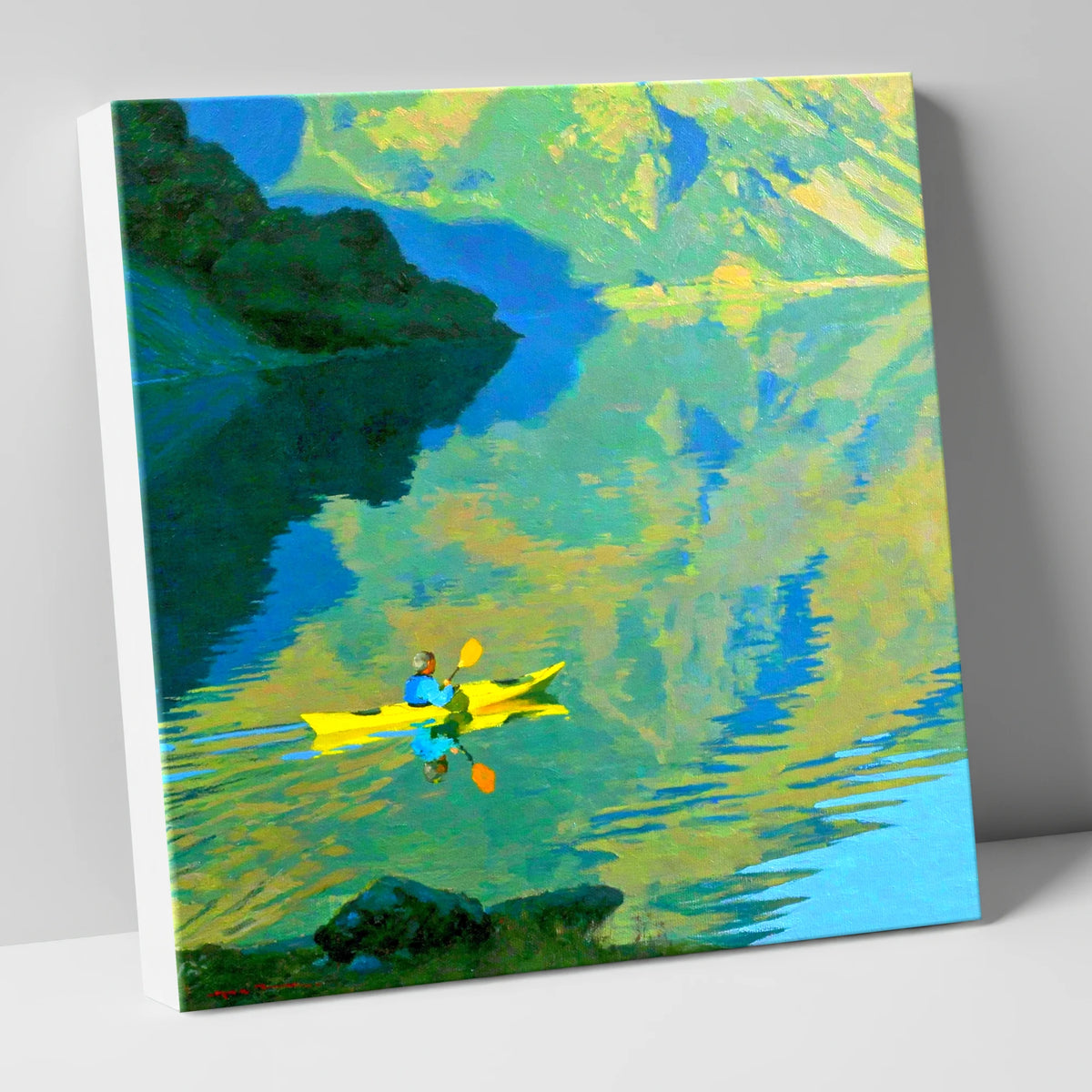 Yellow Kayak on Reflecting Fells lake district walking canvas wall art