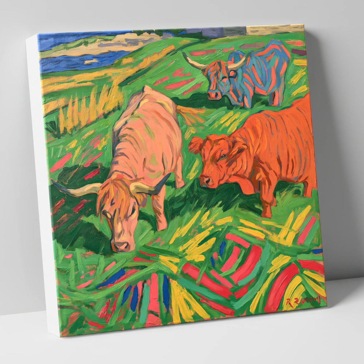 Vibrant Highland Cattle Grazing lake district wildlife canvas wall art