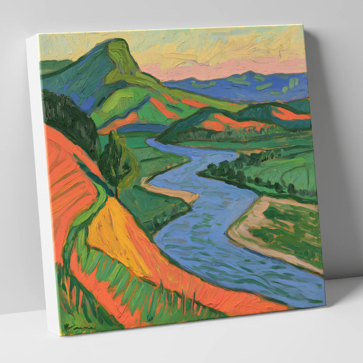 Vivid Orange and Green River Valley lake district waterfall canvas wall art