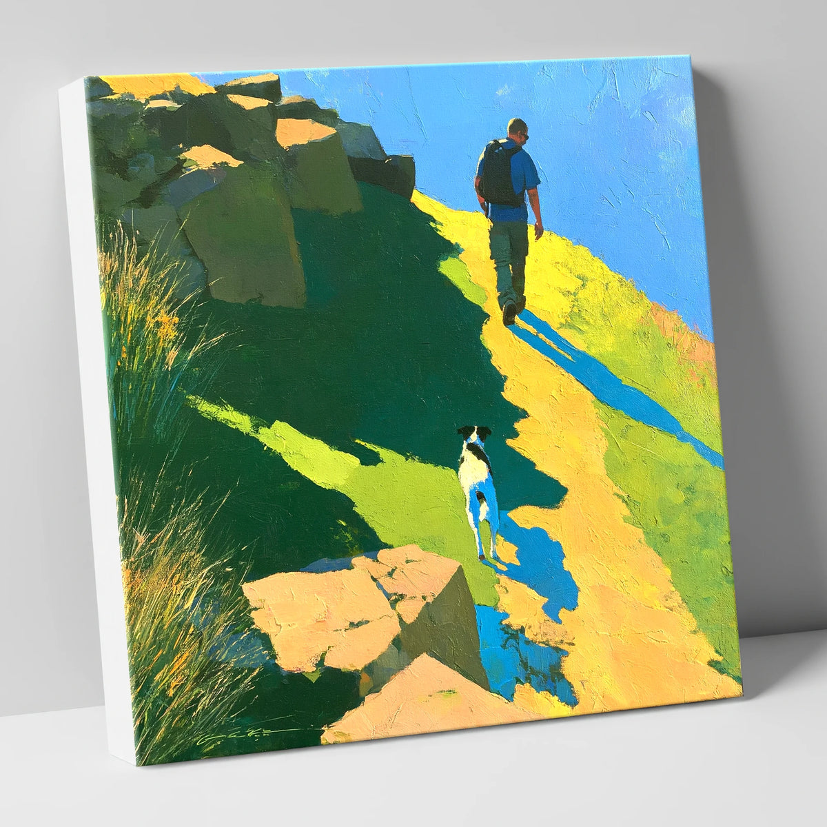Sunlit Fell Path With Dog gifts for dog walkers canvas wall art