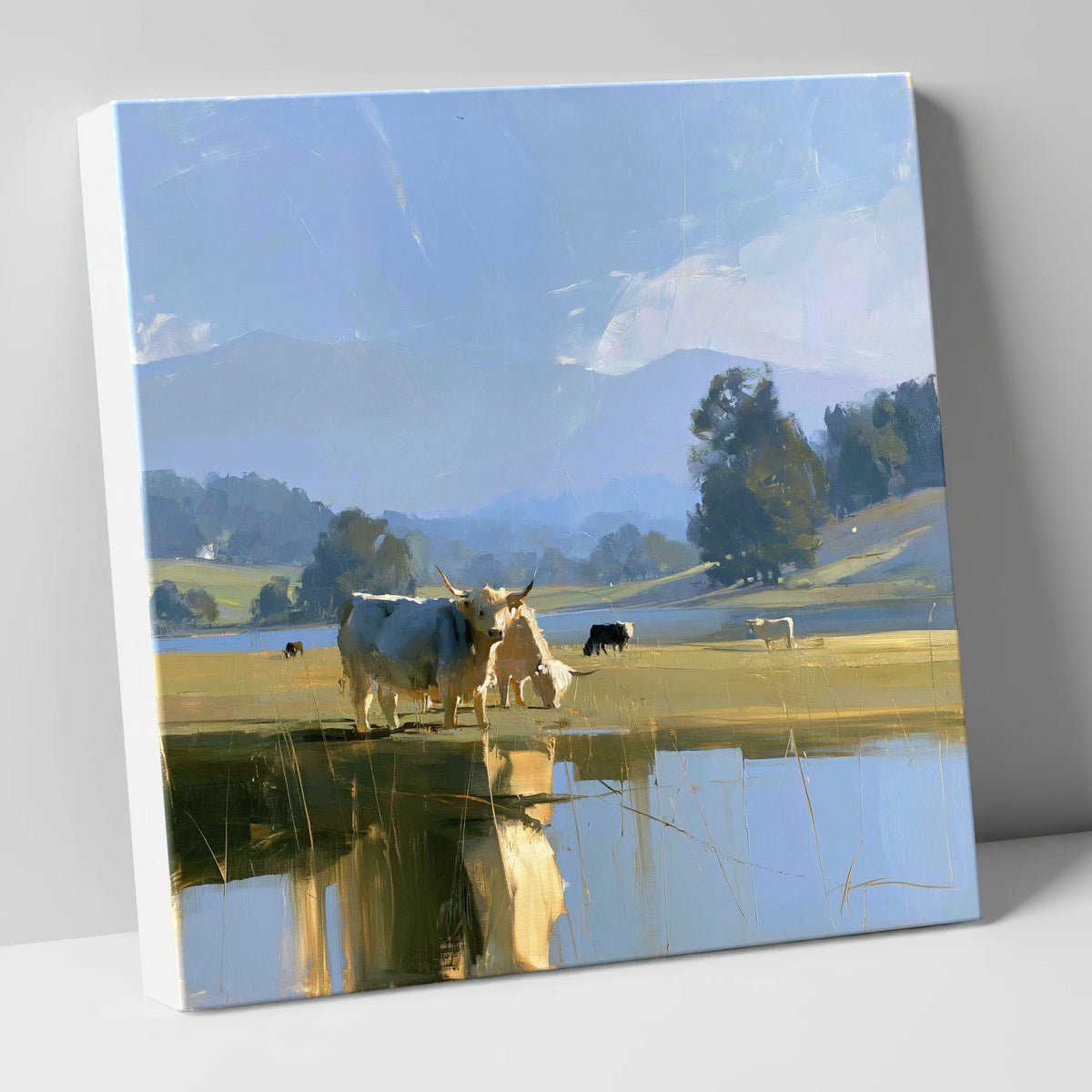 Highland Cattle Lakeshore Reflections lake district wildlife canvas wall art