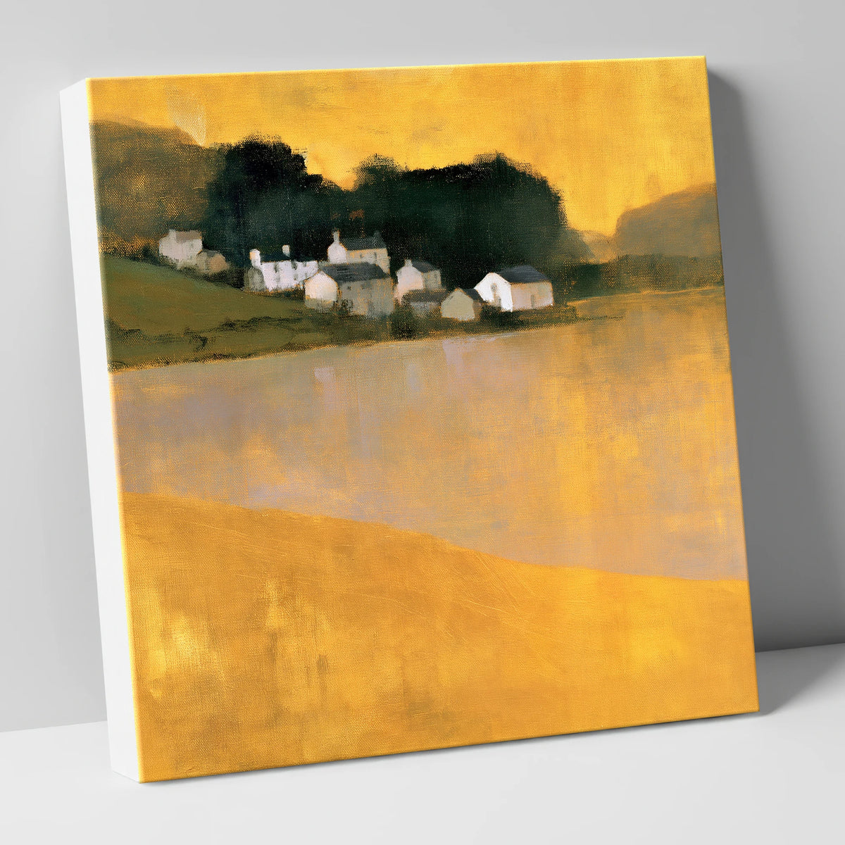 Lakeside Village in Golden Ochre lake district village canvas wall art