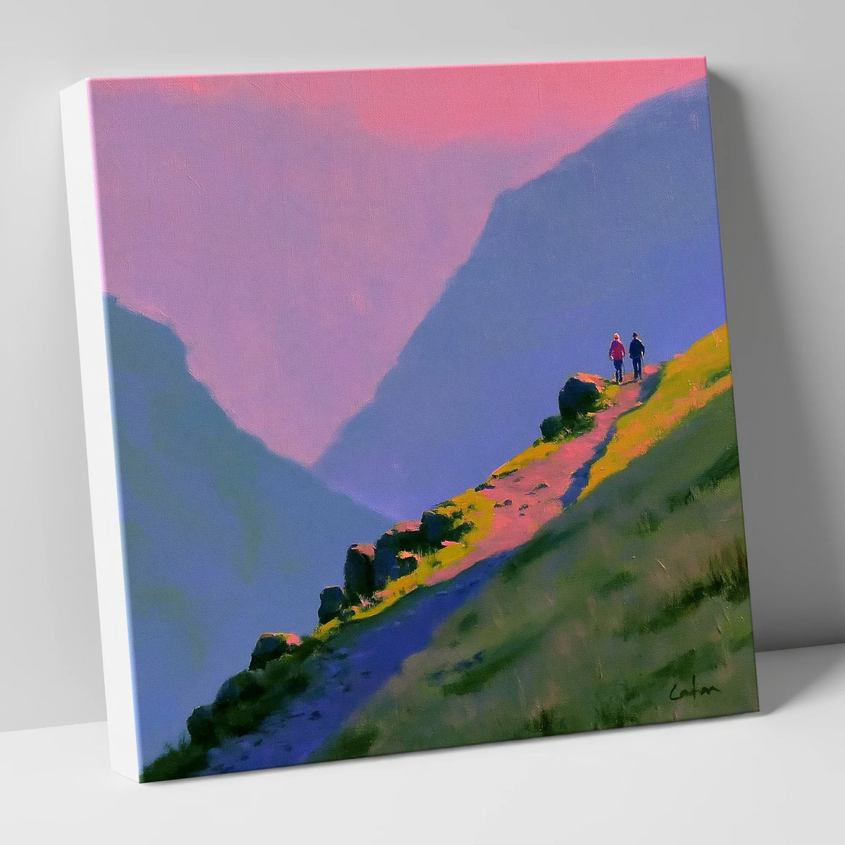 Walkers on a Vivid Mountain Path lake district walking canvas wall art