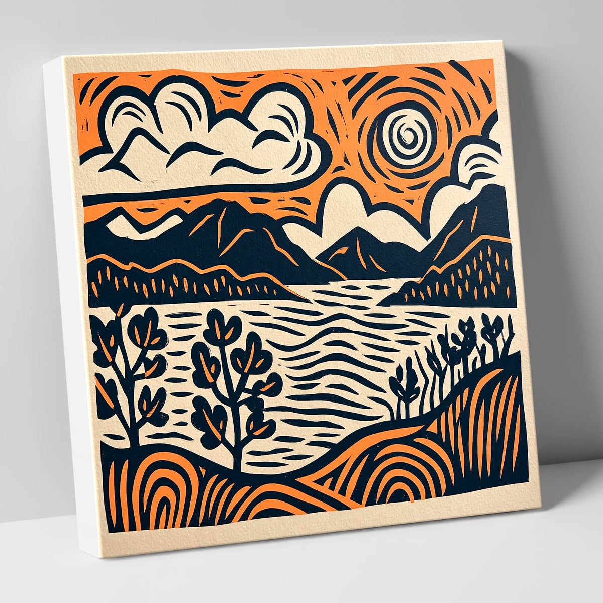 Windermere in Navy and Terracotta lake district lake canvas wall art