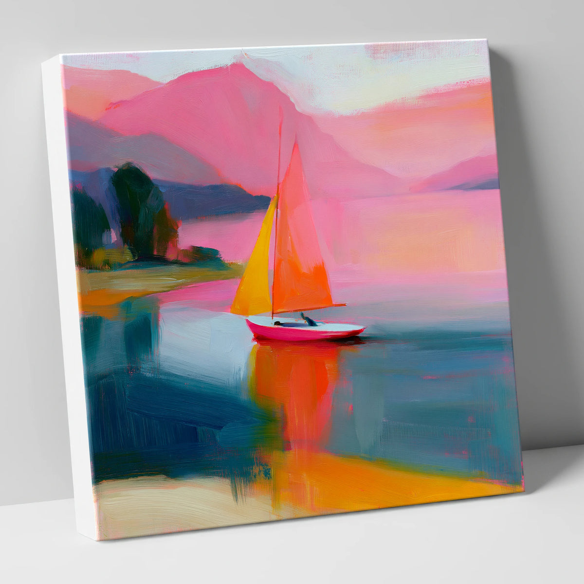 Vibrant Sailboat Beneath Pink Fells lake district walking canvas wall art