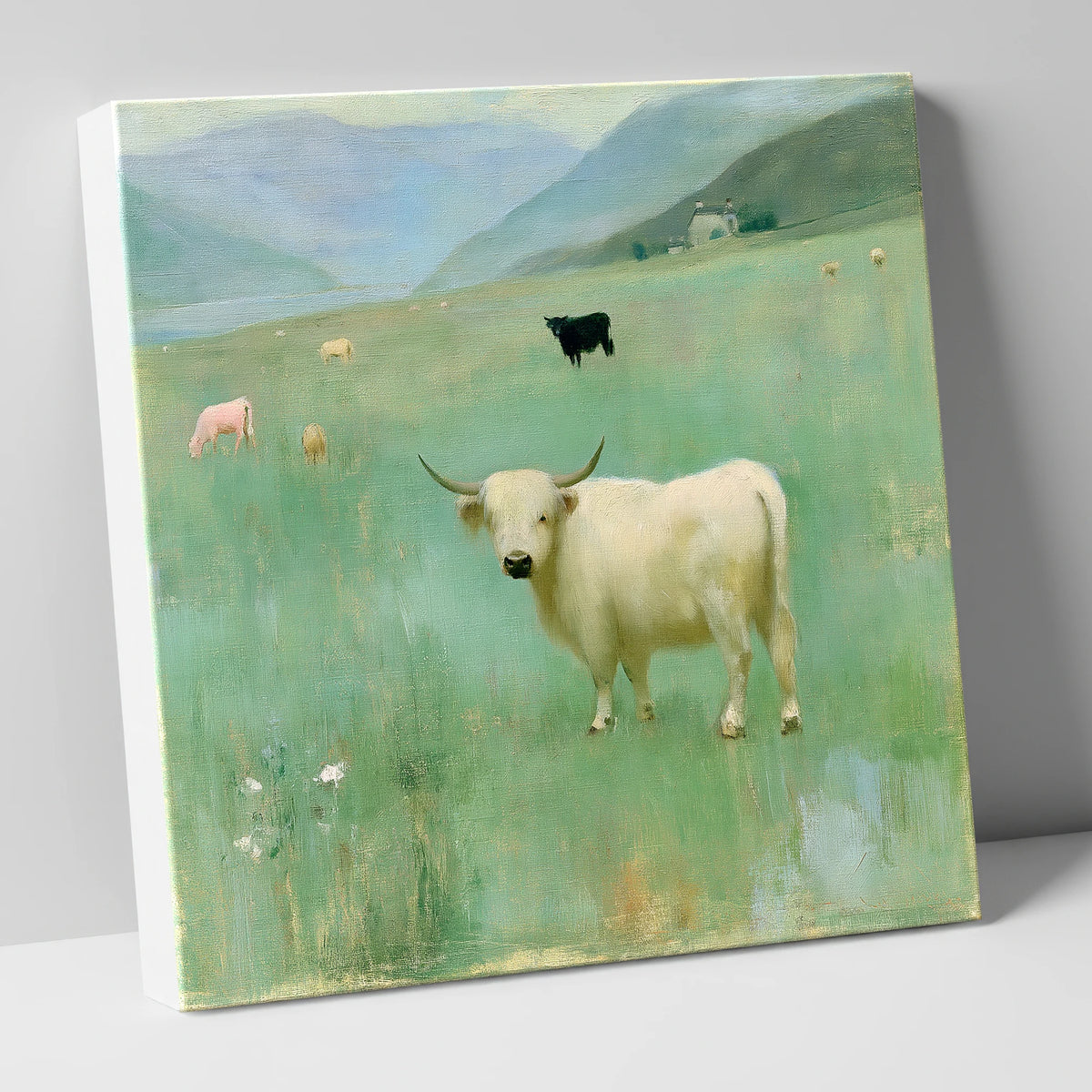 White Highland Cow Beneath Fells lake district wildlife canvas wall art