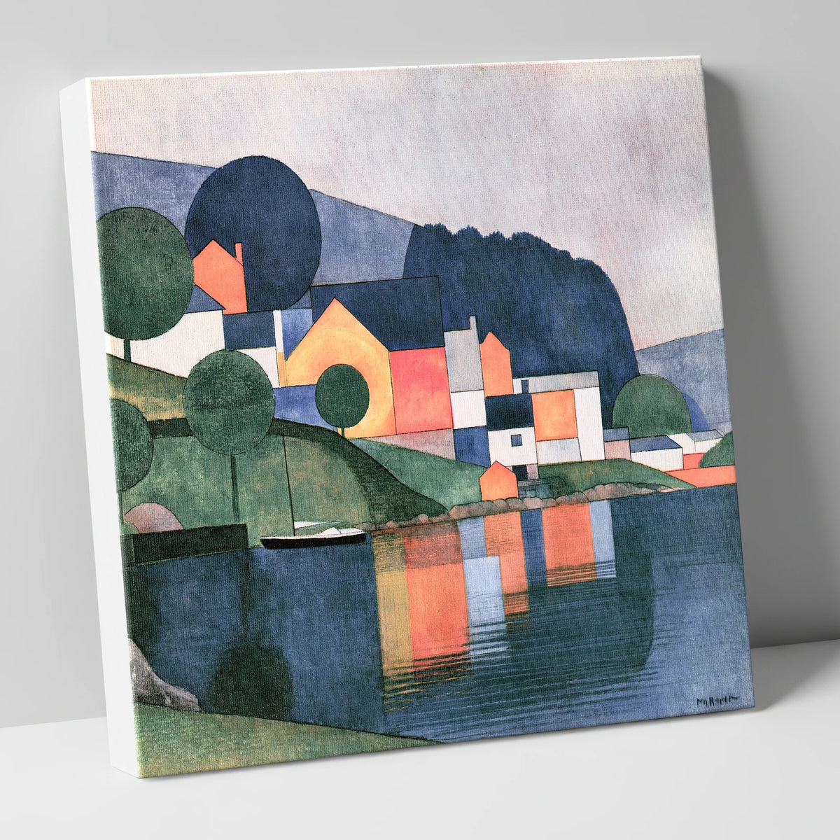 Modern Lakeside Village Reflections lake district village canvas wall art