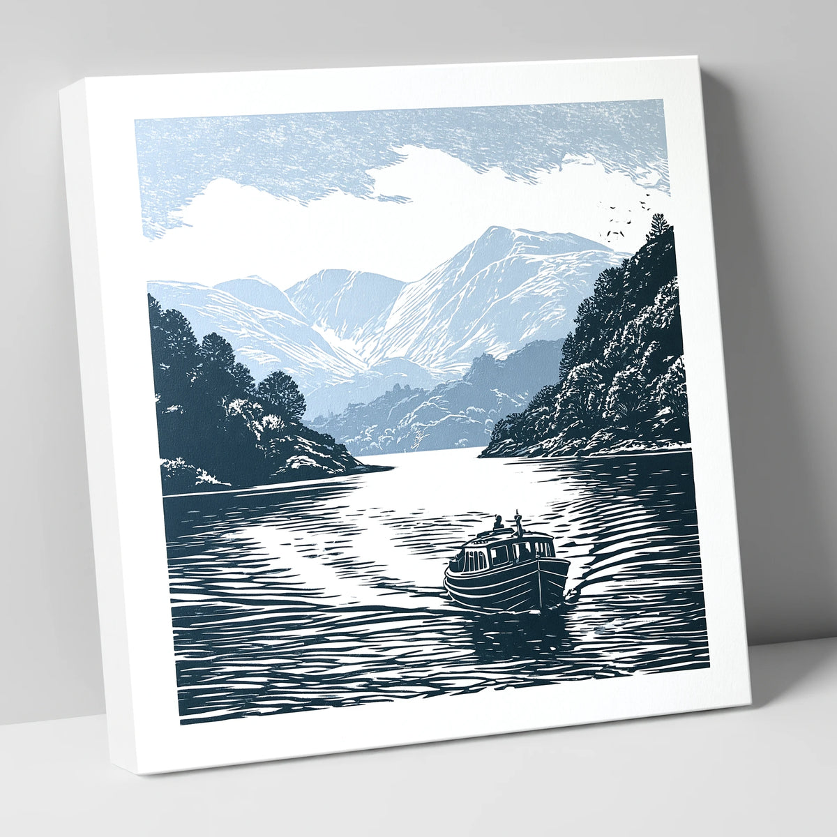 Coniston Water Launch in Navy lake district lake canvas wall art