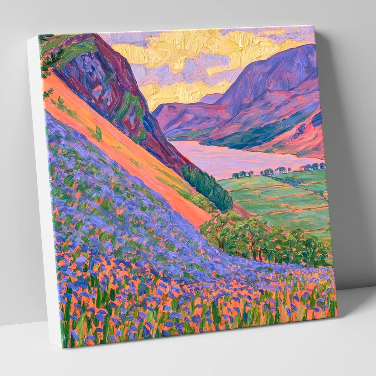 Vibrant Rannerdale Bluebells at Crummock lake district lake canvas wall art