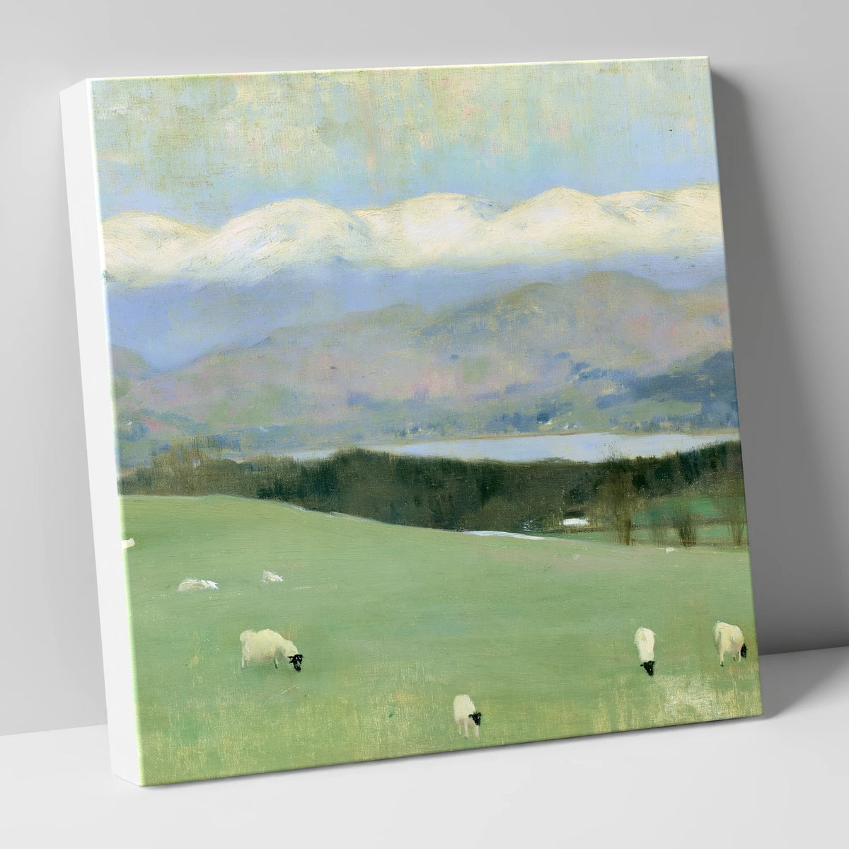Hawkshead Pastures and Snow-Capped Fells lake district village canvas wall art
