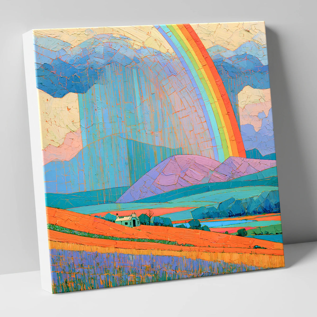 Lakeland Cottage Beneath Vivid Rainbow lake district sky canvas wall art