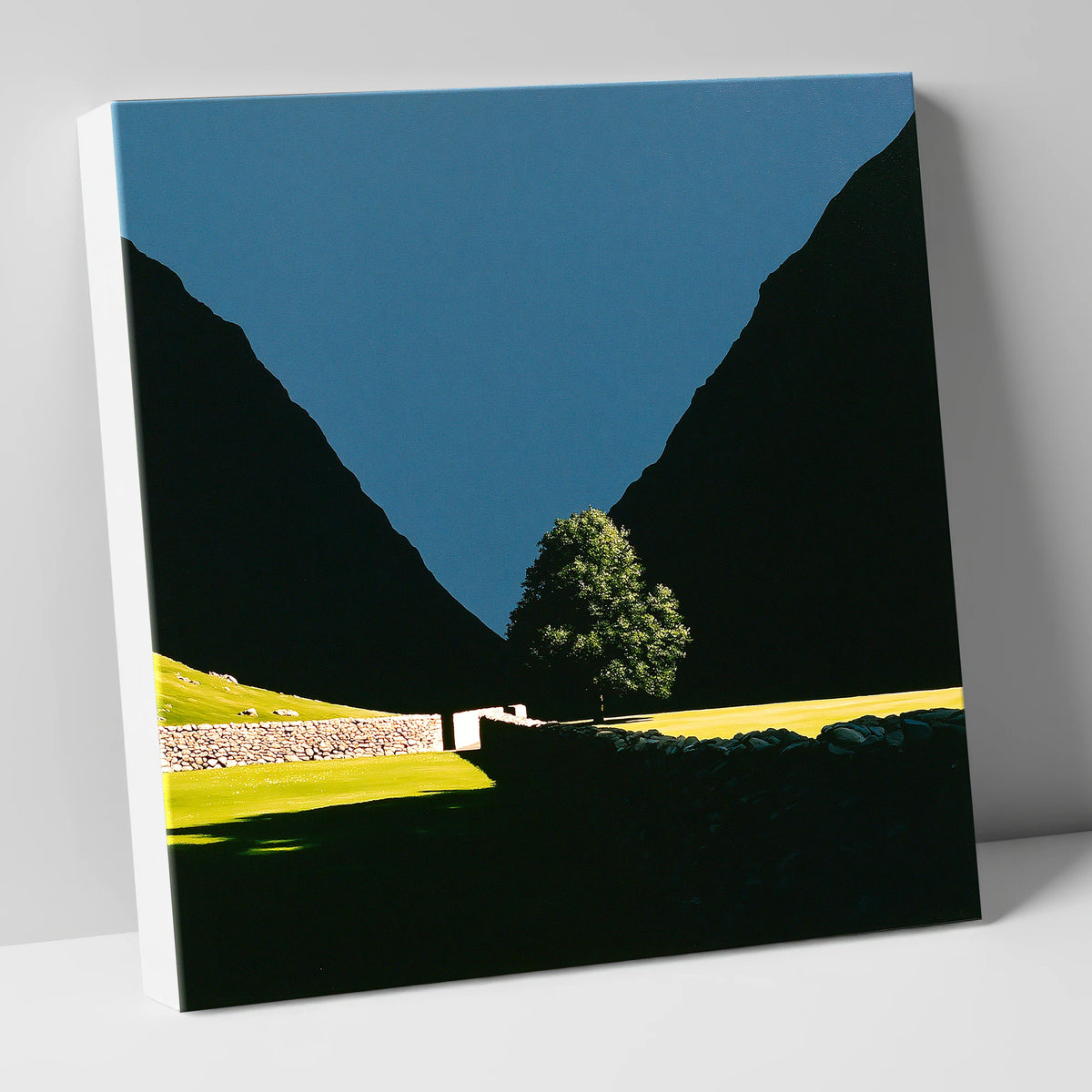 Sunlit Tree Between Silhouetted Fells lake district valley canvas wall art
