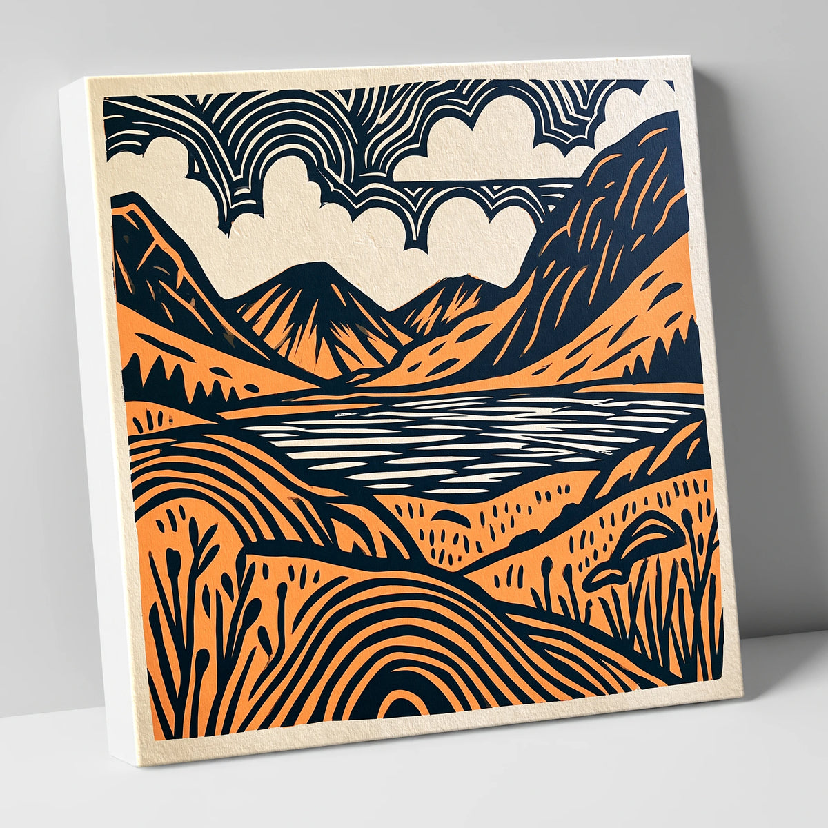 Ennerdale Water in Terracotta and Navy lake district valley canvas wall art