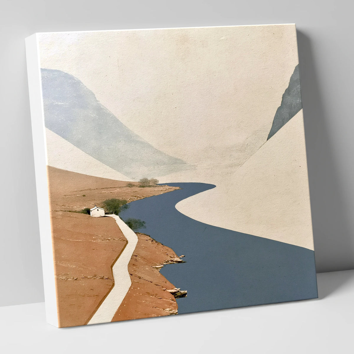 Winding Blue Lake and White Cottage lake district lake canvas wall art