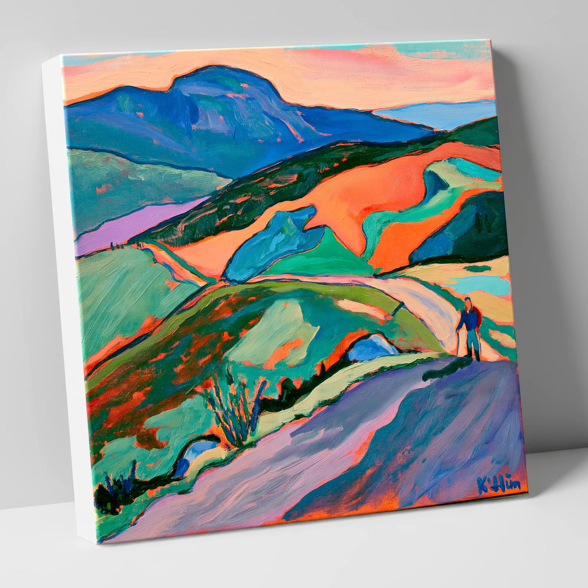 Lone Hiker on Colourful Fells lake district walking canvas wall art