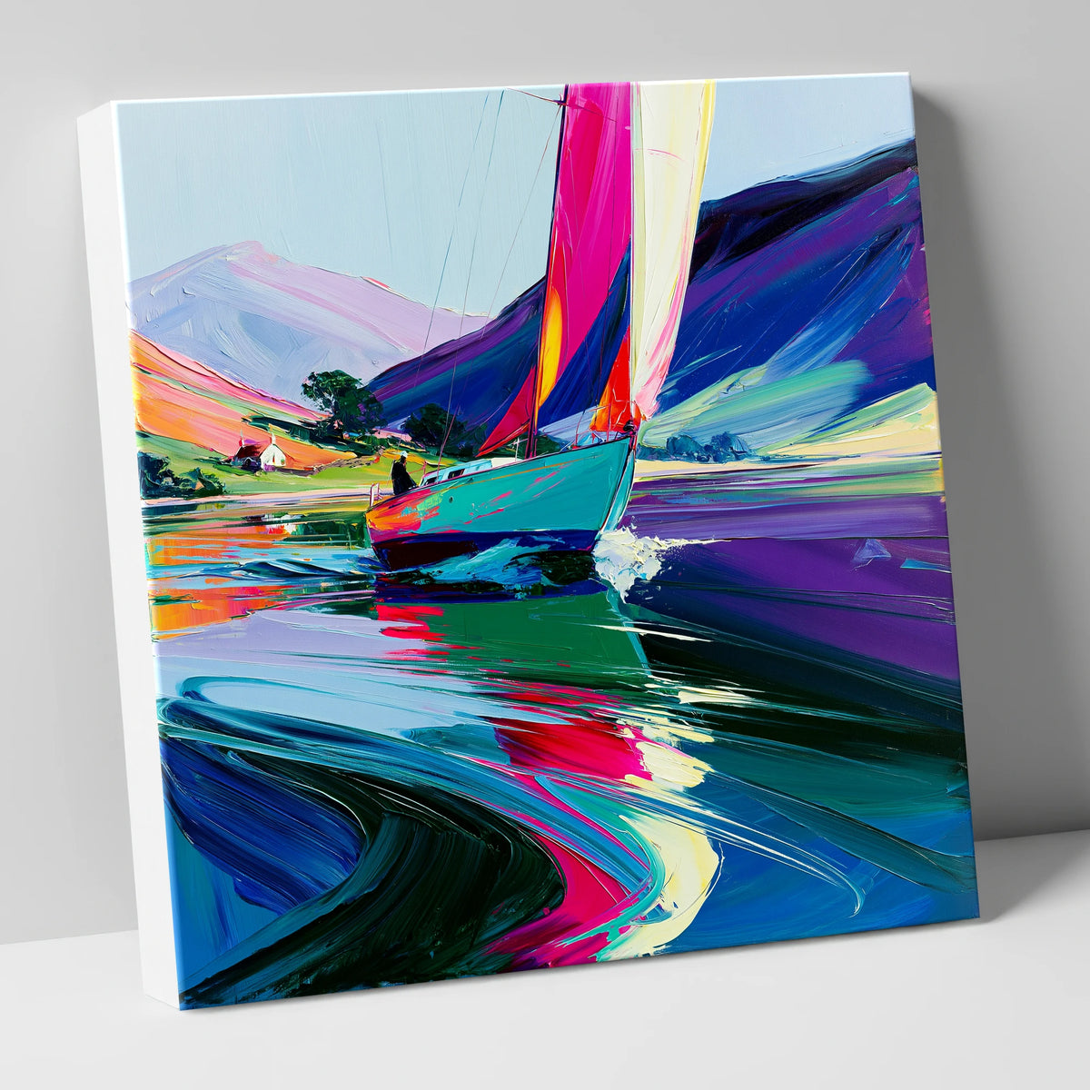 Vibrant Sailboat Beneath Purple Fells lake district walking canvas wall art