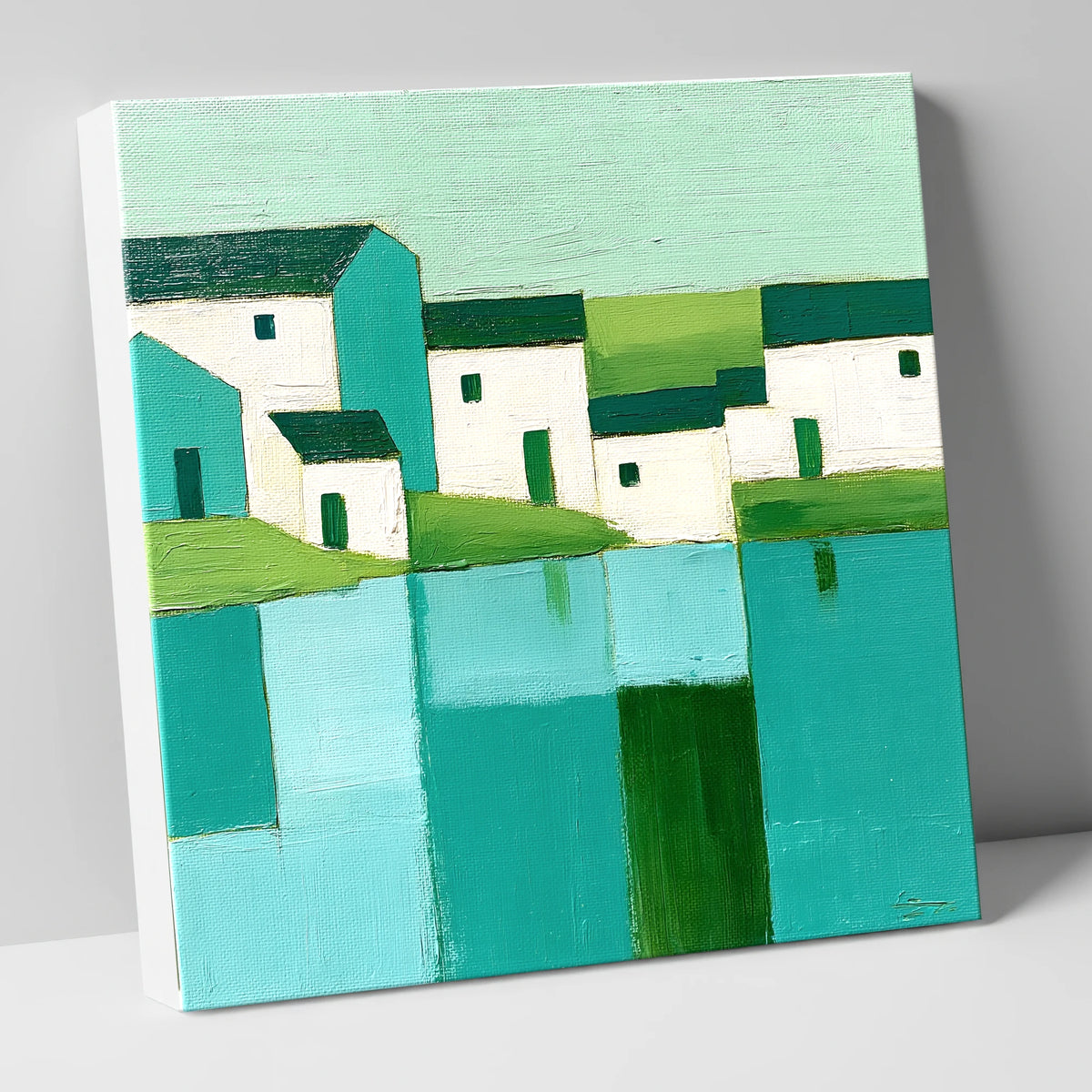 Abstract Lakeside Village Reflections lake district village canvas wall art