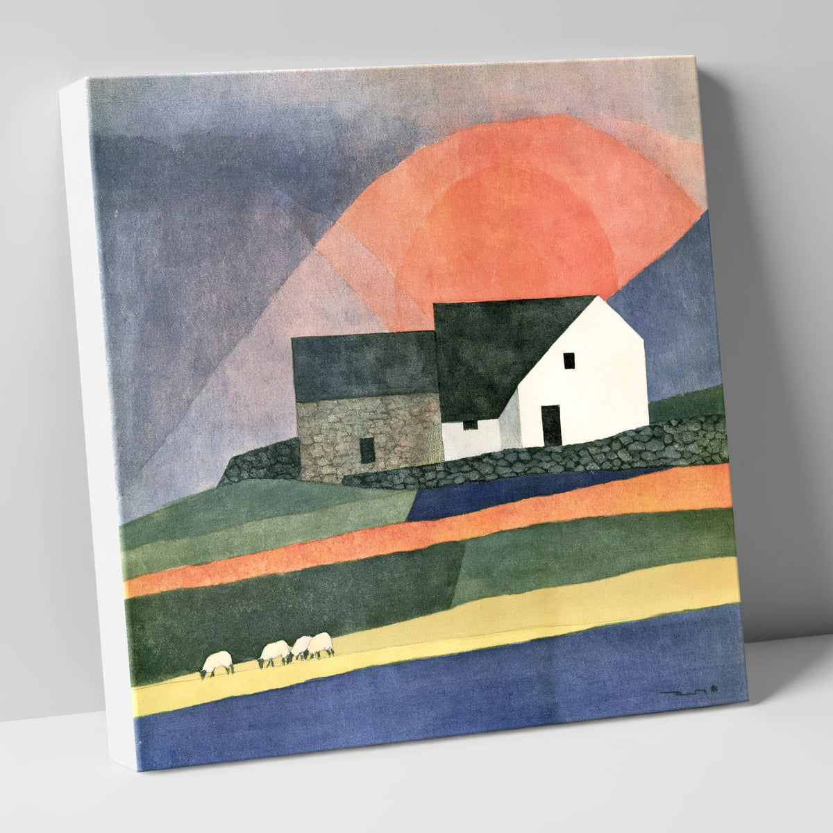 Stone Cottage Under Terracotta Sun lake district village canvas wall art