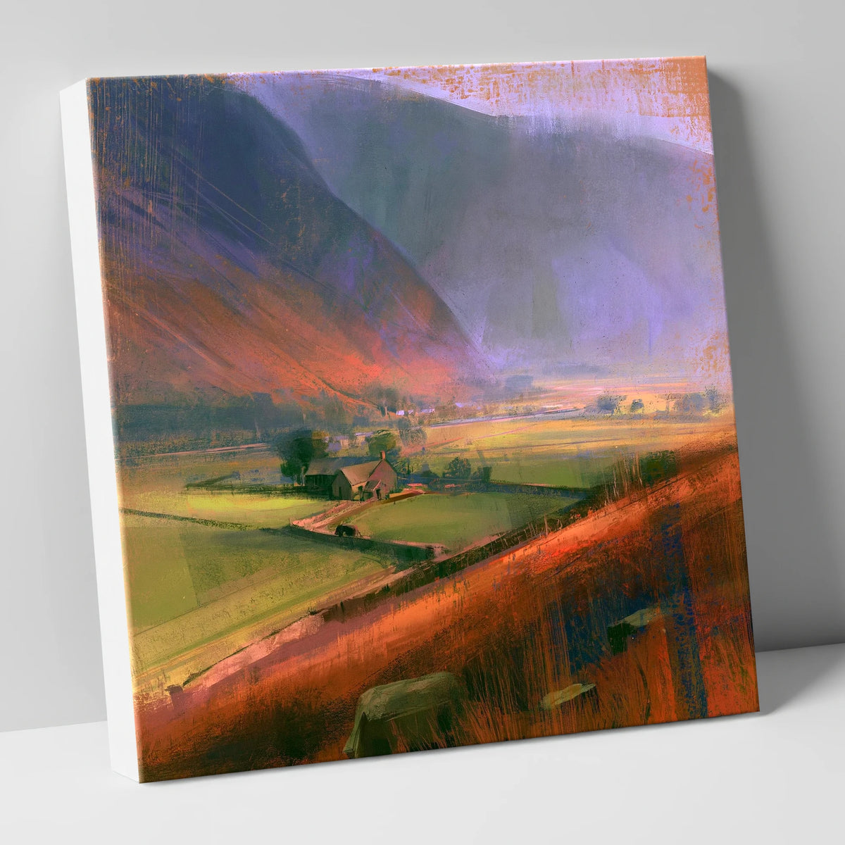 Sunlit Valley Below Purple Fells lake district valley canvas wall art