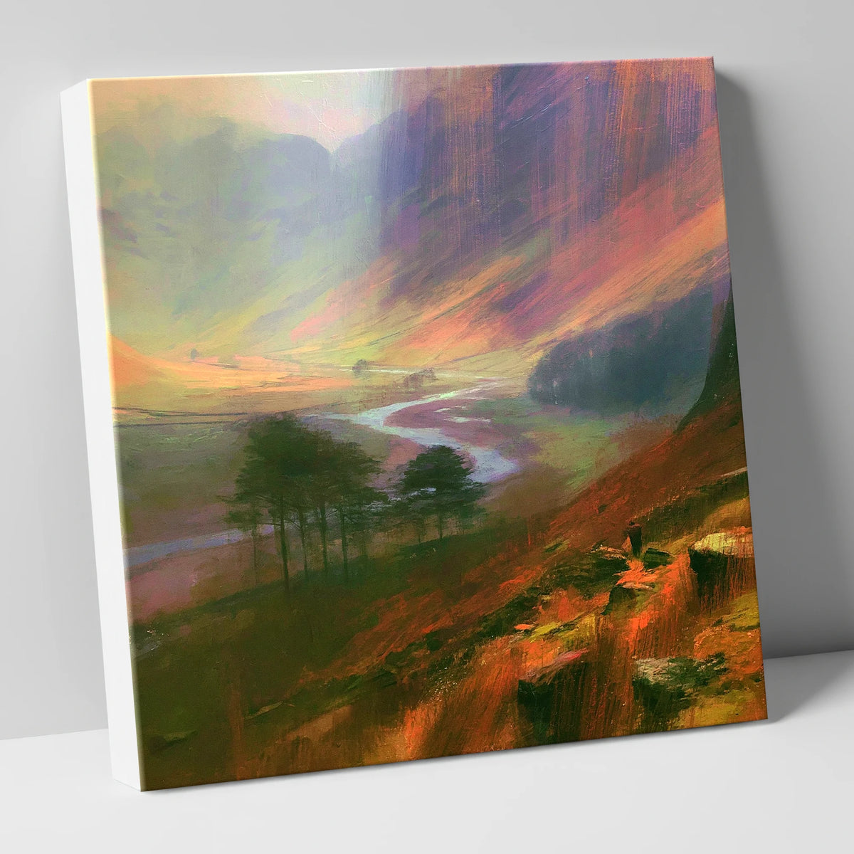 Winding River Beneath Purple Fells lake district waterfall canvas wall art