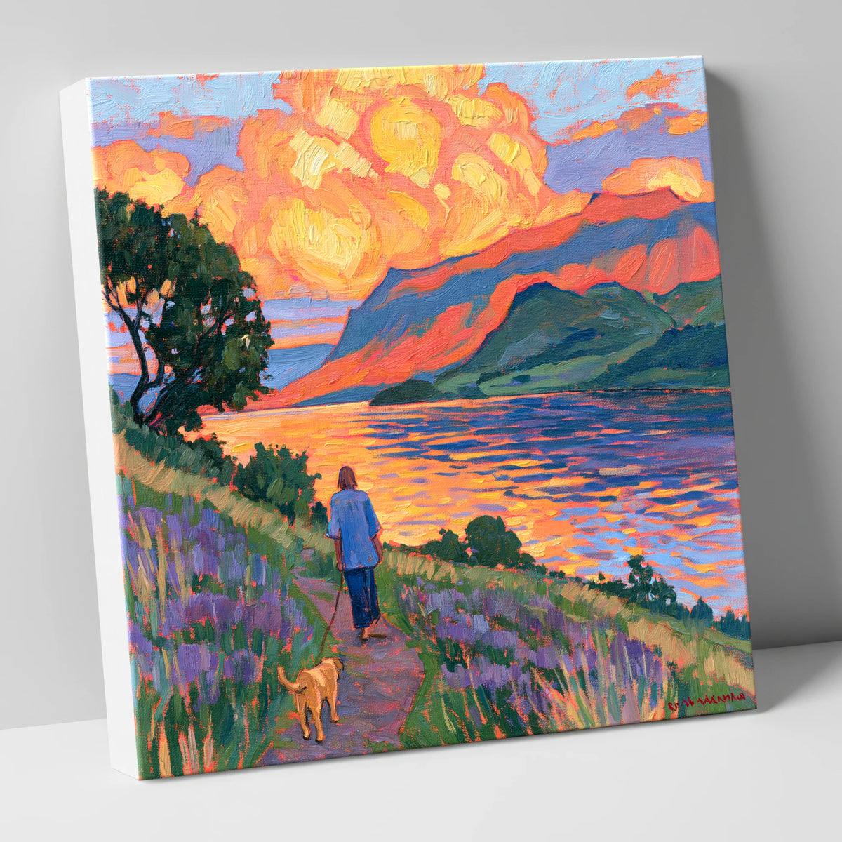 Vibrant Ullswater Evening Dog Walk gifts for dog walkers canvas wall art