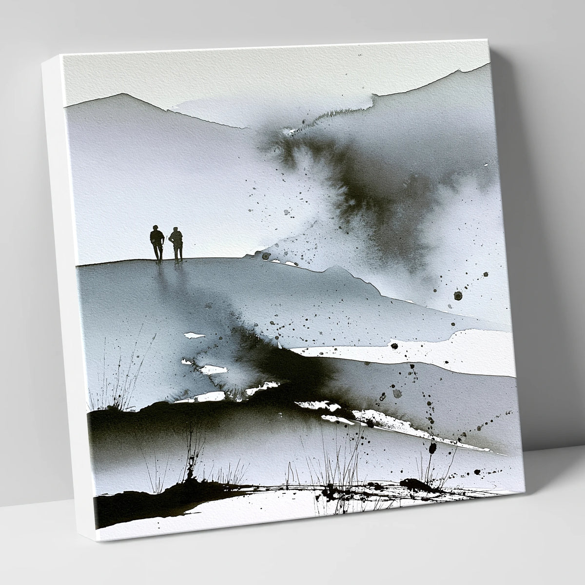 Monochrome Hikers on a Misty Fell lake district fell canvas wall art