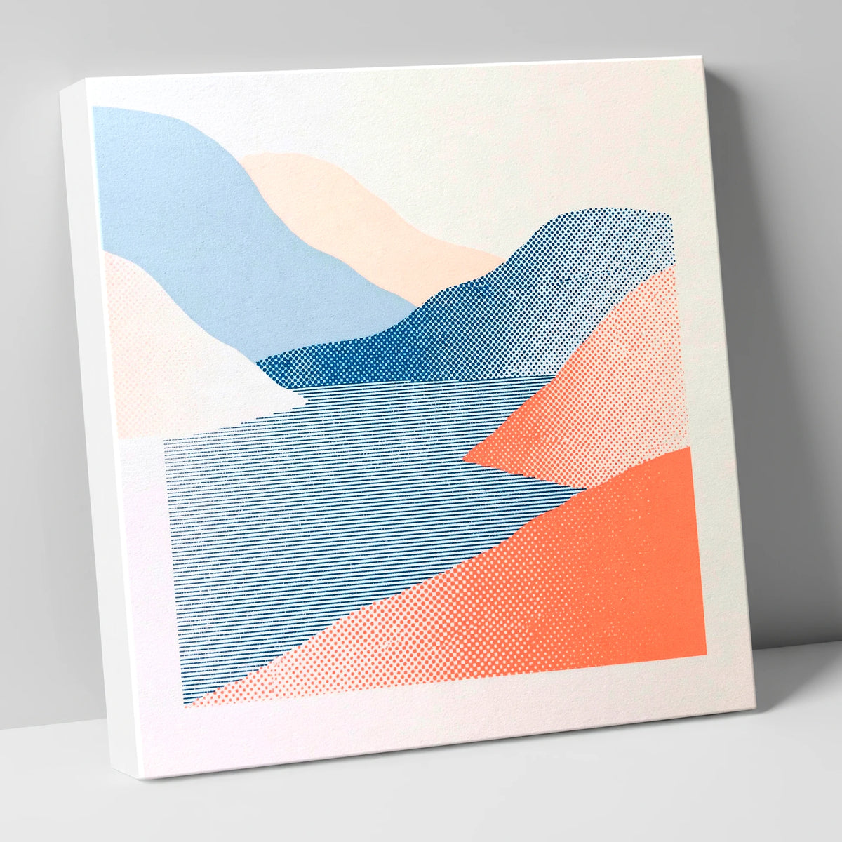 Graphic Coral and Blue Fells lake district lake canvas wall art