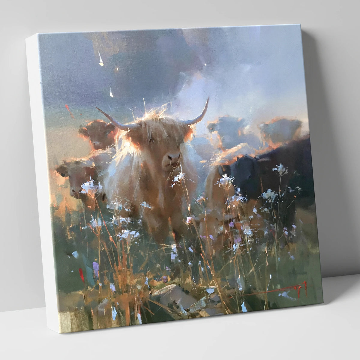 Sunlit Highland Cattle Herd lake district wildlife canvas wall art
