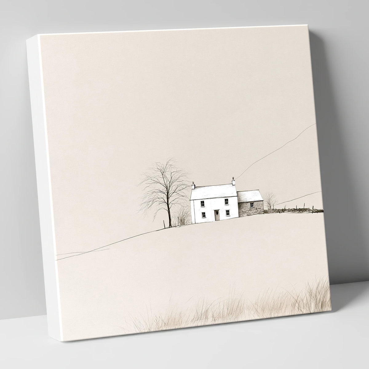 Minimalist White Fellside Cottage lake district village canvas wall art