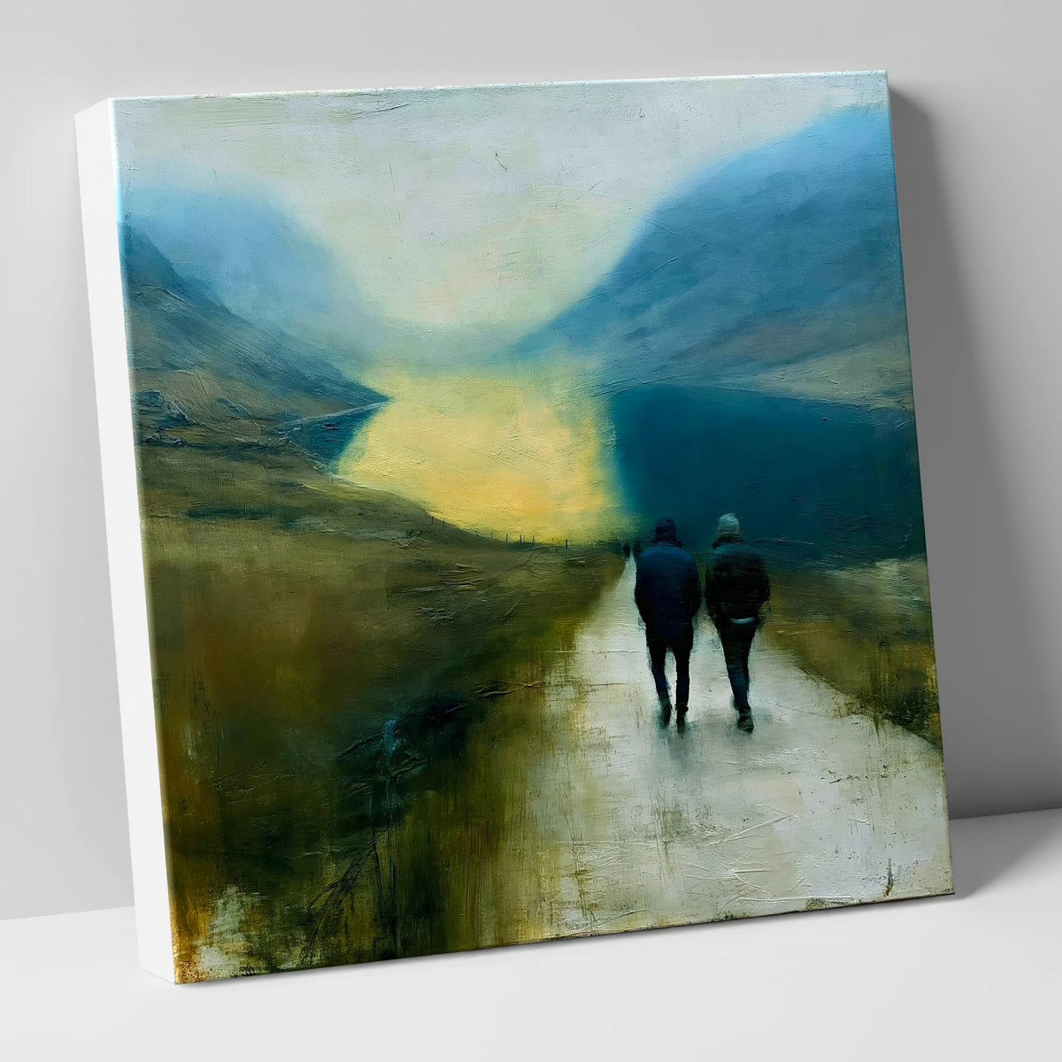 Walkers on a Glowing Mountain Path lake district walking canvas wall art