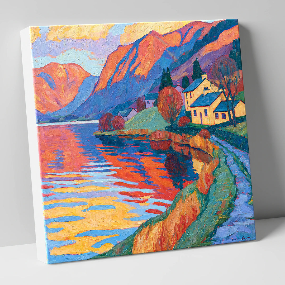Golden Cottages on the Lakeshore lake district village canvas wall art