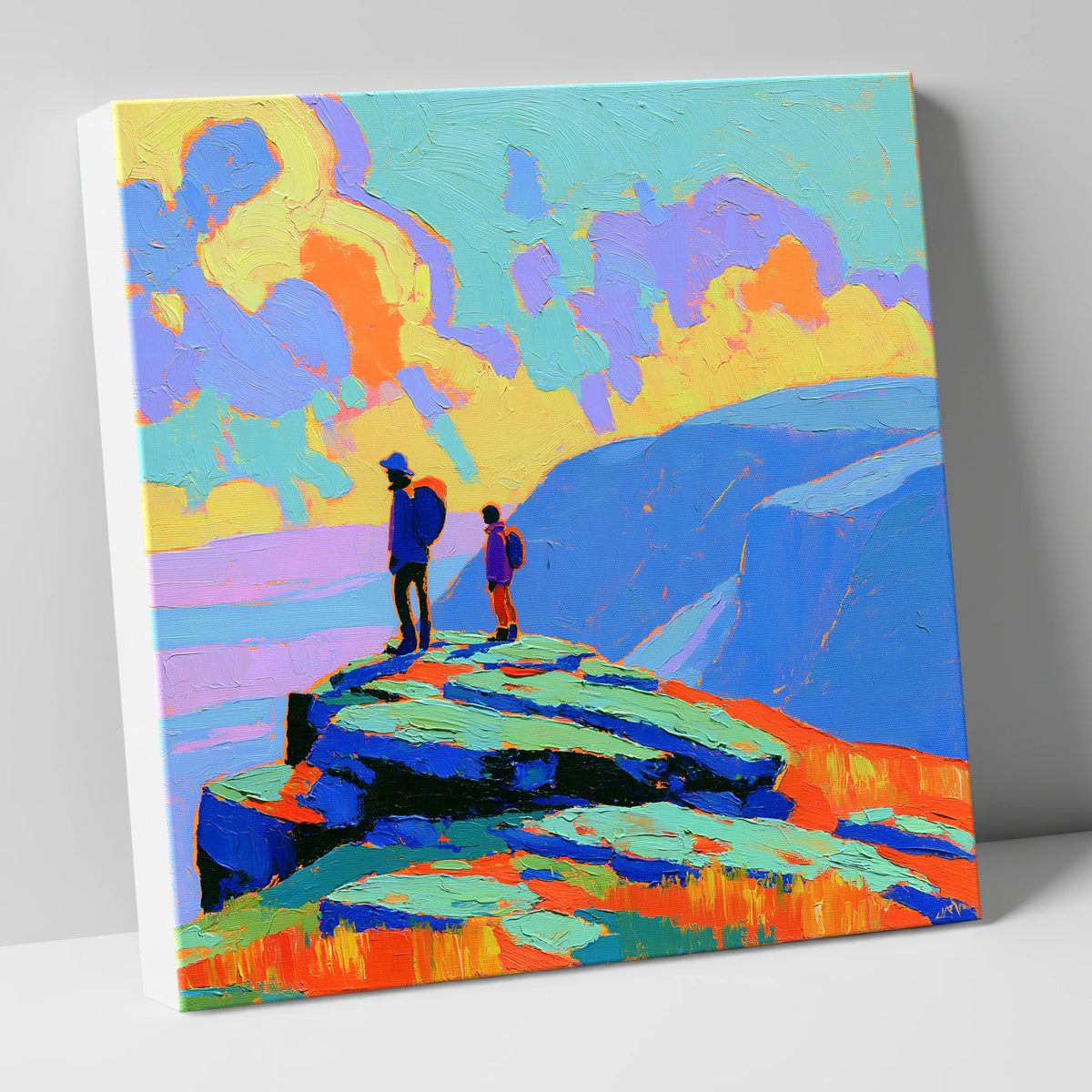 Hikers on a Vibrant Fell Summit lake district fell canvas wall art