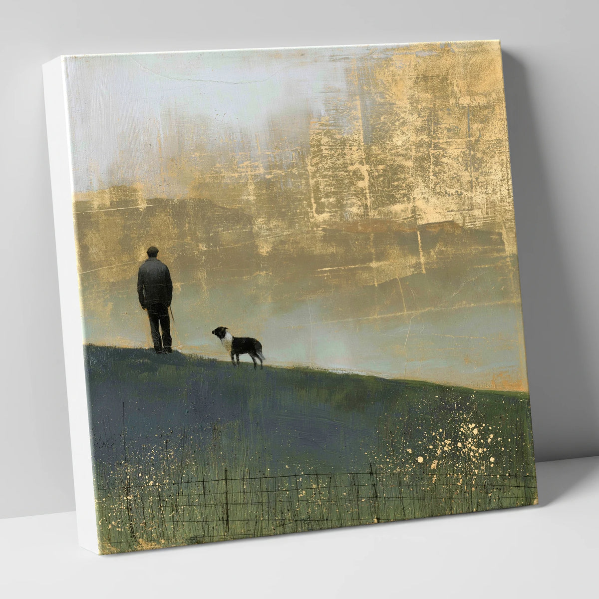 Shepherd and Dog in Golden Mist lake district wildlife canvas wall art