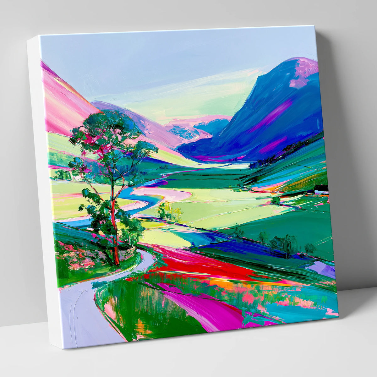 Vibrant Valley Road Beneath Pink Fells lake district valley canvas wall art
