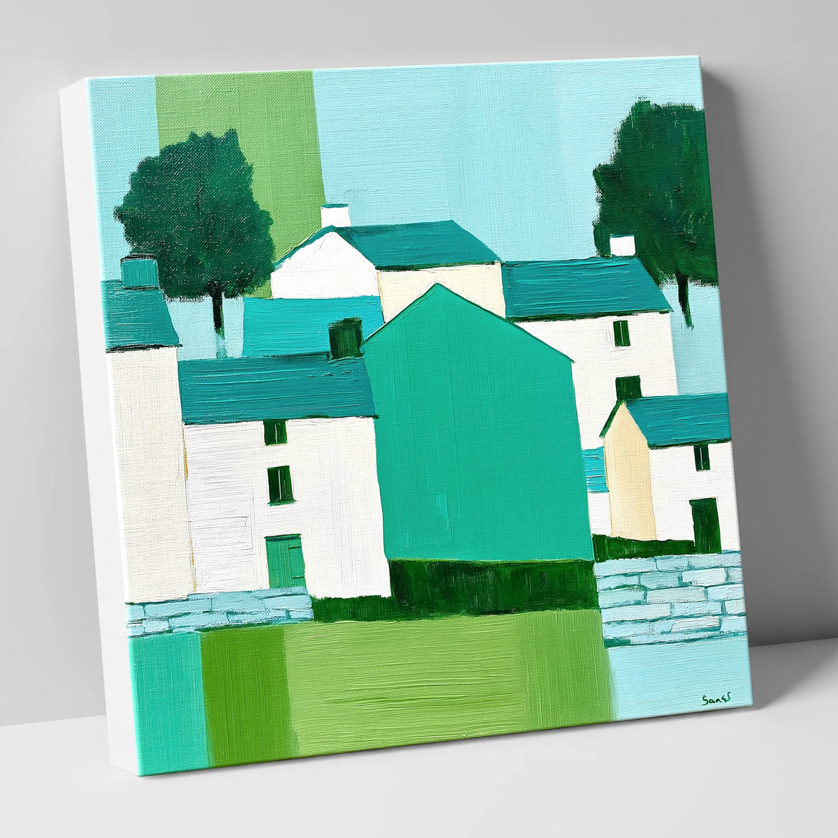Teal And Green Hawkshead Village lake district village canvas wall art