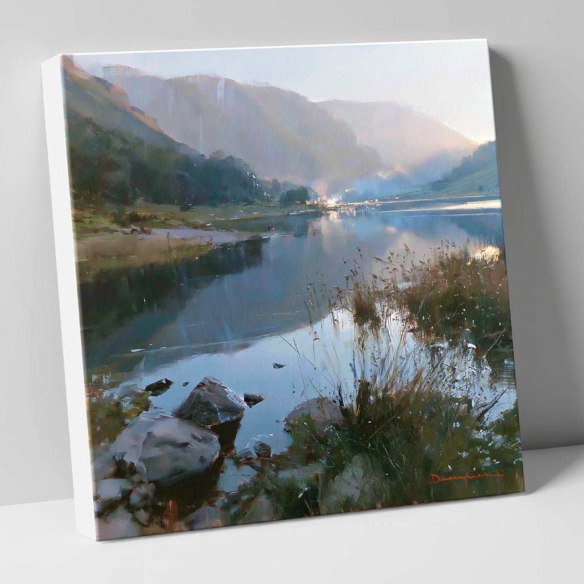 Still Lake Beneath Misty Fells lake district lake canvas wall art
