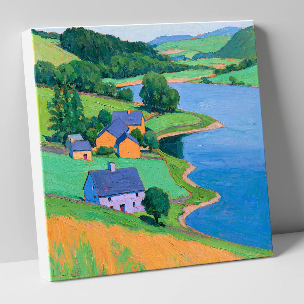 Vivid Lakeside Village and Fells lake district village canvas wall art