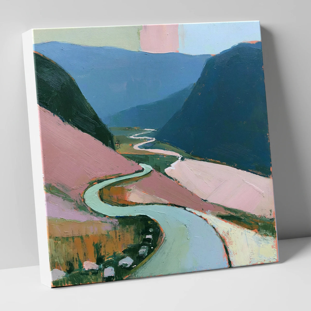 Mountain Pass in Blush and Teal lake district valley canvas wall art