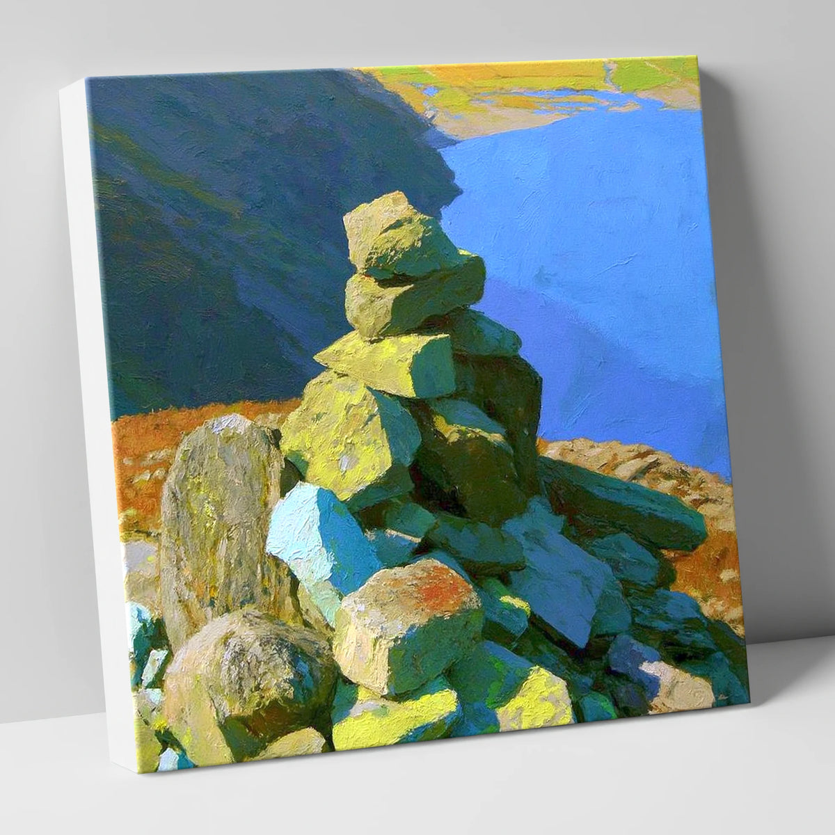 Sunlit Calf Crag Stone Cairn lake district fell canvas wall art