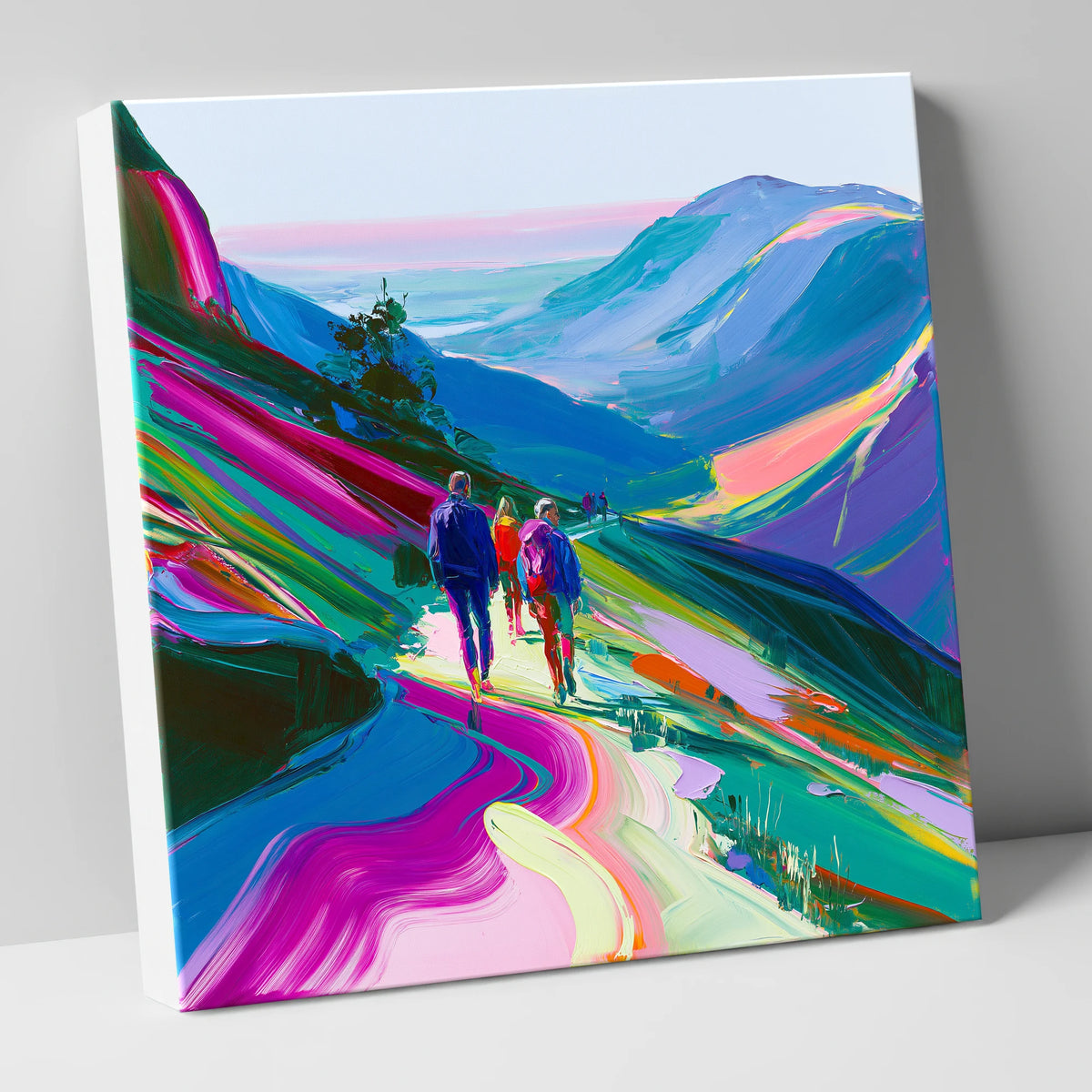 Vivid Walkers on a Mountain Path lake district walking canvas wall art