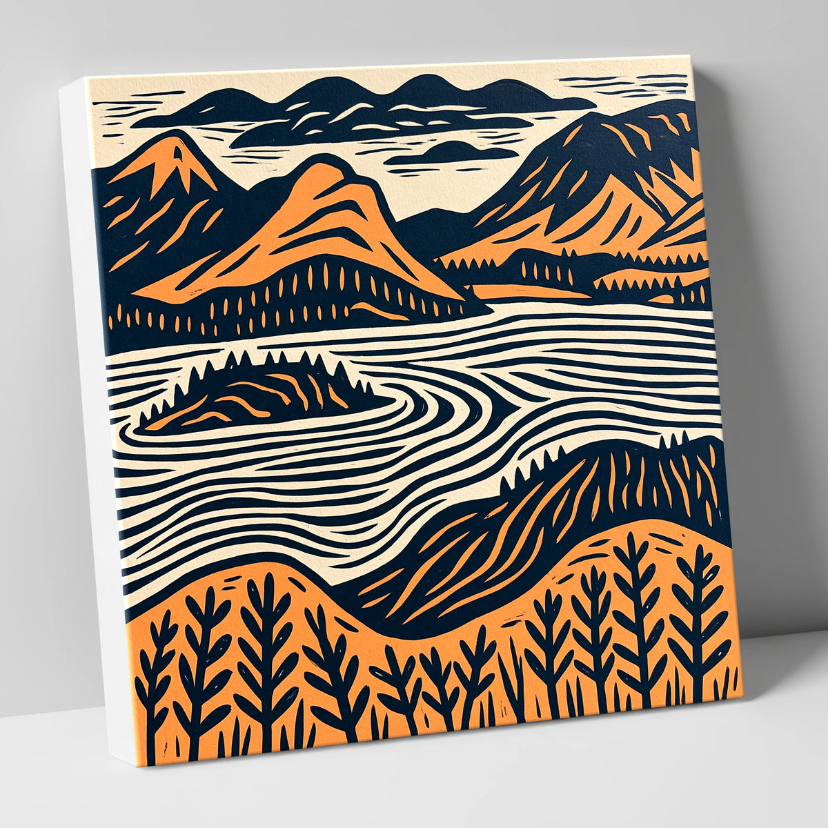 Derwentwater Island in Orange and Navy lake district lake canvas wall art
