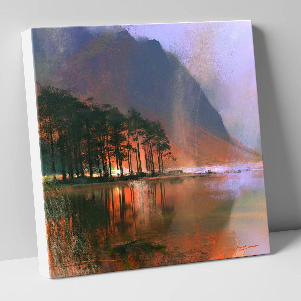 Buttermere Pines in Fiery Light lake district lake canvas wall art