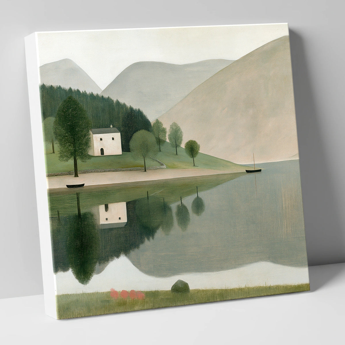 White Cottage by a Calm Lake lake district lake canvas wall art