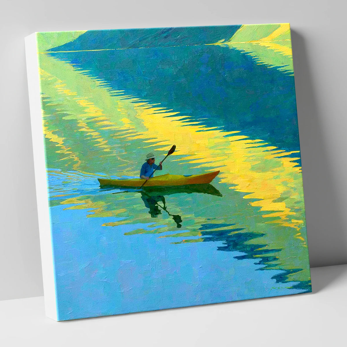 Kayaker on Vibrant Golden Water Reflections lake district walking canvas wall art