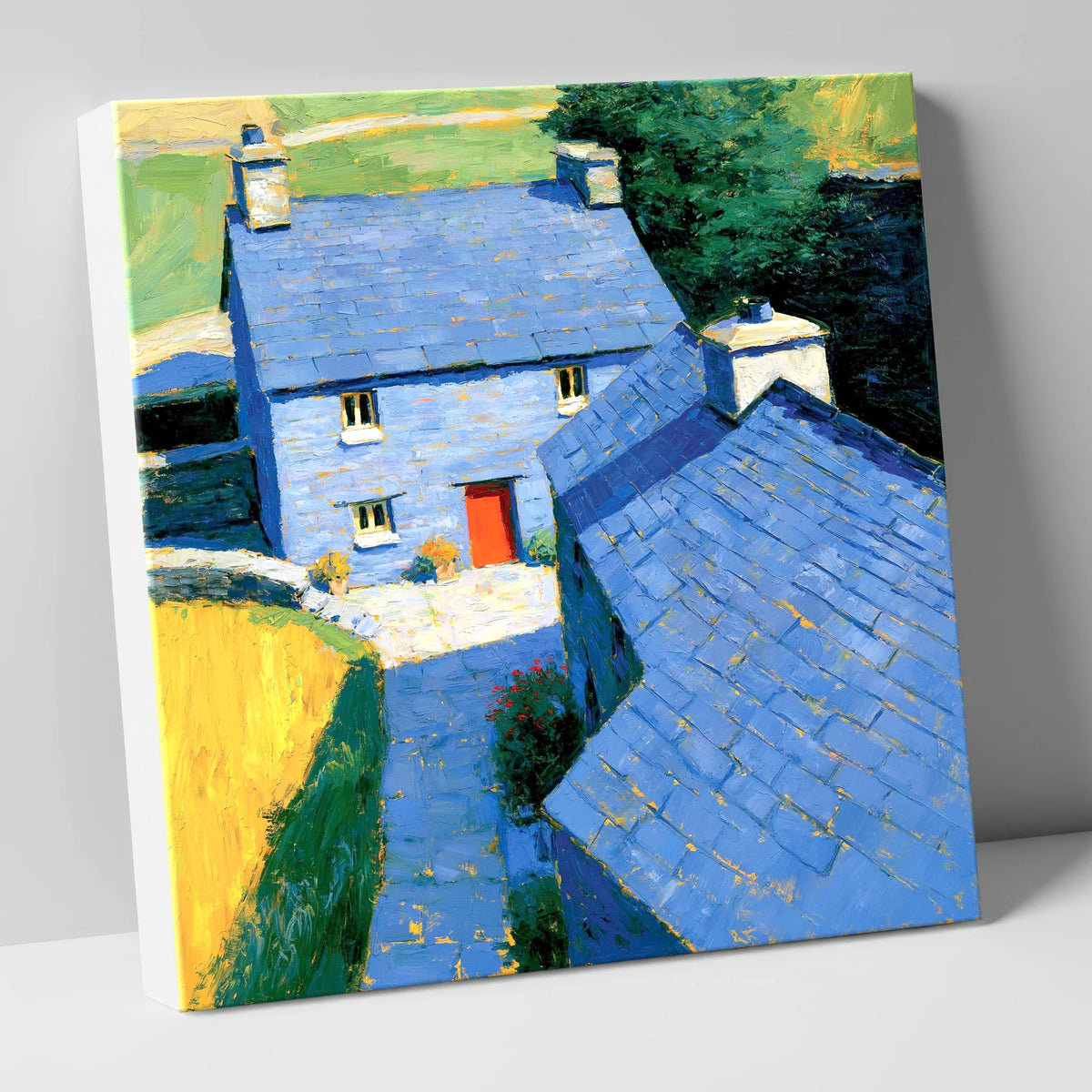 Vibrant Blue Slate Cottages lake district village canvas wall art