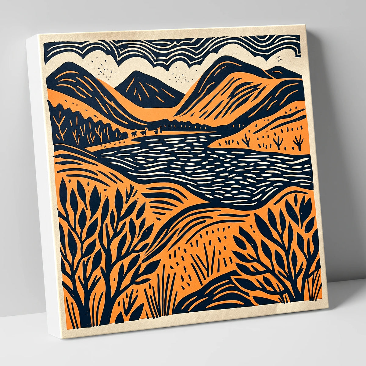 Terracotta and Navy Lake Fells lake district lake canvas wall art
