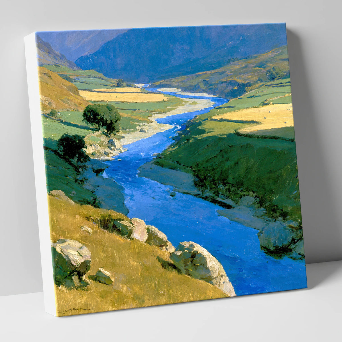 Winding Blue River Valley lake district waterfall canvas wall art