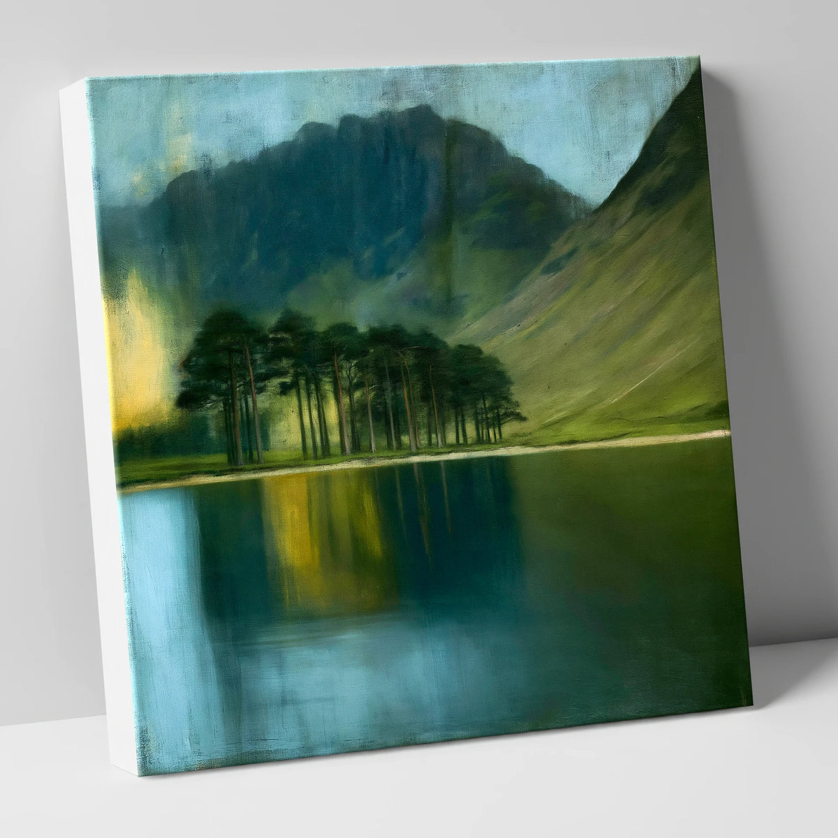 Buttermere Pines in Teal and Gold lake district lake canvas wall art